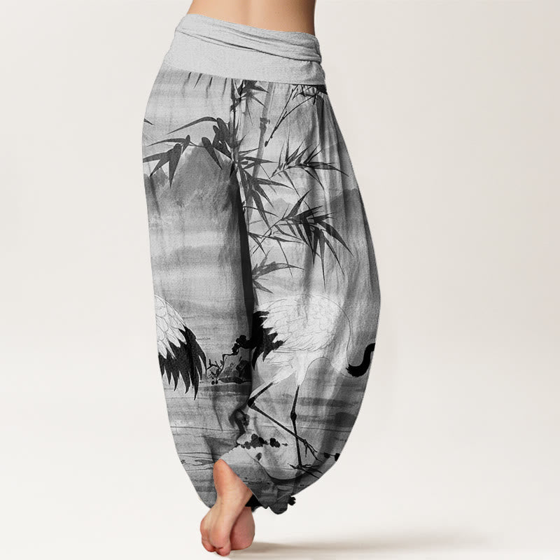 Buddha Stones Lässige Haremshose mit elastischer Taille für Damen mit Mandschurenkranich-Bambusblättern und Bergmuster - image 6