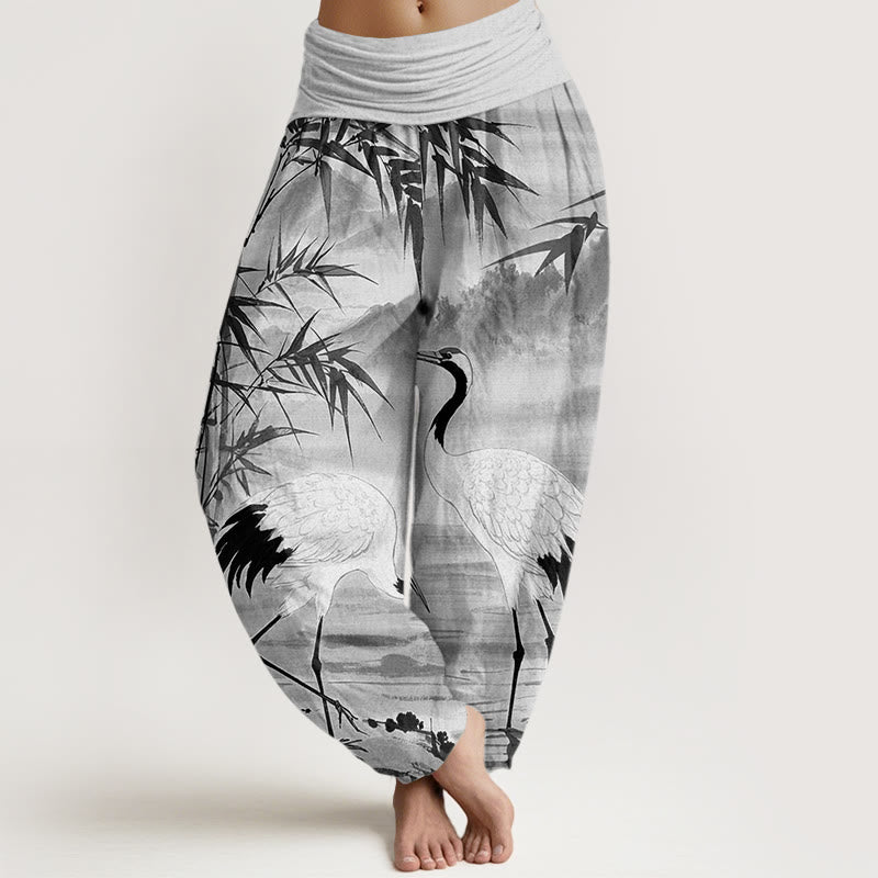 Buddha Stones Lässige Haremshose mit elastischer Taille für Damen mit Mandschurenkranich-Bambusblättern und Bergmuster - Silber - US22， UK/AU26，EU54 (6XL) - image 5