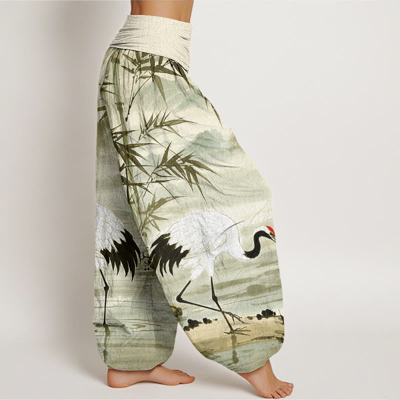 Buddha Stones Lässige Haremshose mit elastischer Taille für Damen mit Mandschurenkranich-Bambusblättern und Bergmuster - image 10