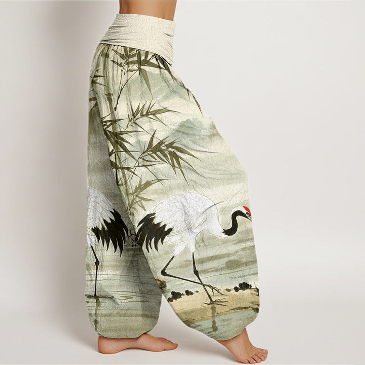 Buddha Stones Lässige Haremshose mit elastischer Taille für Damen mit Mandschurenkranich-Bambusblättern und Bergmuster - image 10