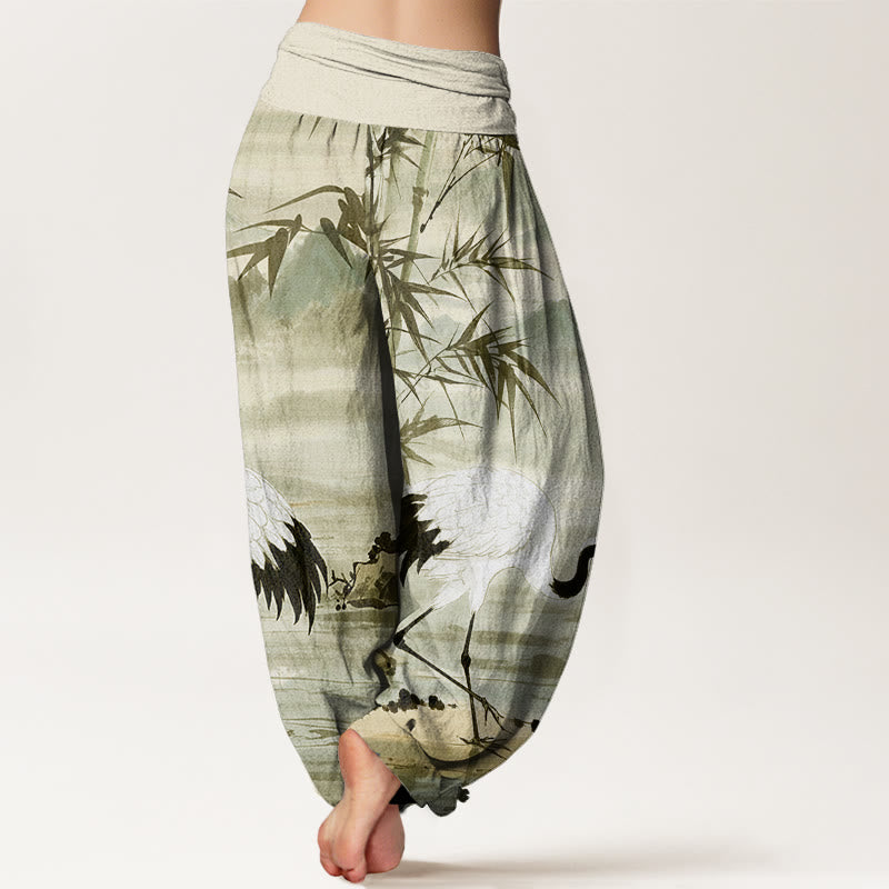 Buddha Stones Lässige Haremshose mit elastischer Taille für Damen mit Mandschurenkranich-Bambusblättern und Bergmuster - image 9