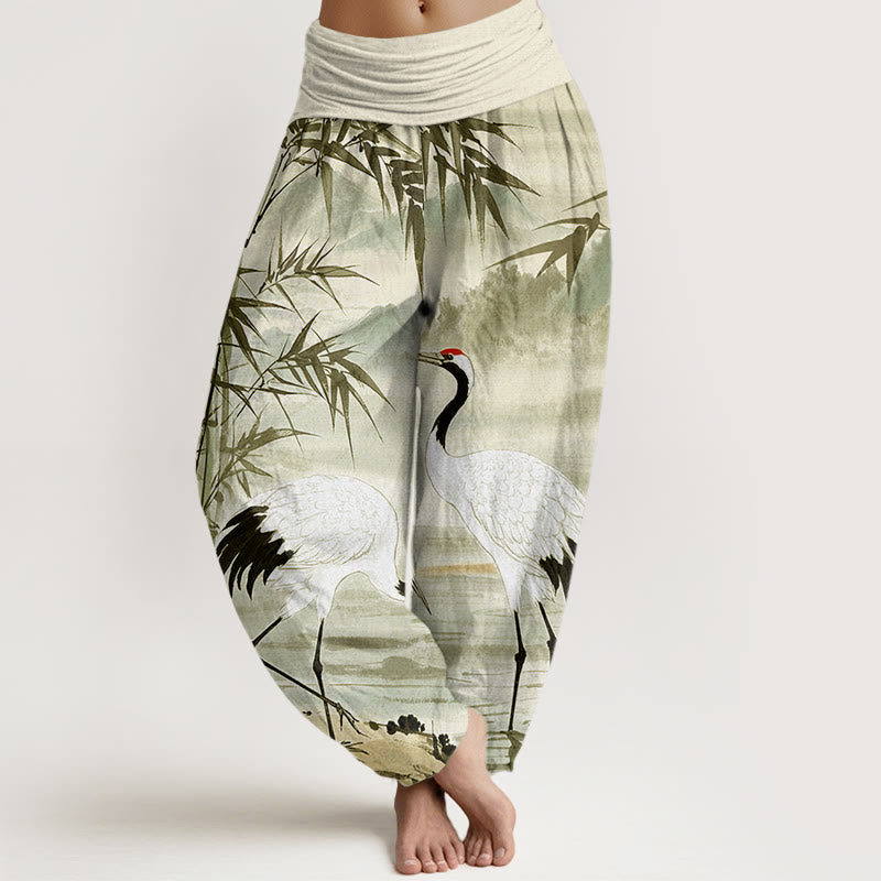 Buddha Stones Lässige Haremshose mit elastischer Taille für Damen mit Mandschurenkranich-Bambusblättern und Bergmuster - Blassgrün - US22， UK/AU26，EU54 (6XL) - image 8