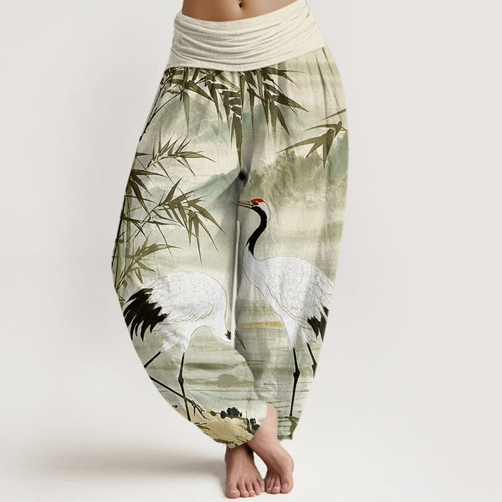 Buddha Stones Lässige Haremshose mit elastischer Taille für Damen mit Mandschurenkranich-Bambusblättern und Bergmuster - Blassgrün - US22， UK/AU26，EU54 (6XL) - image 8