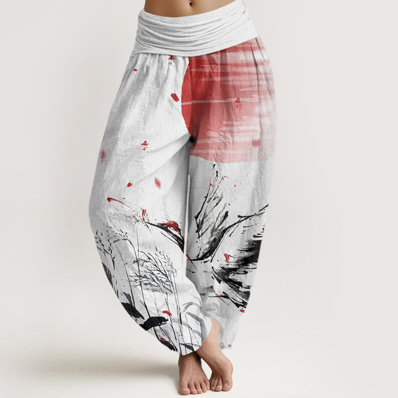 Buddha Stones Lässige Haremshose mit Mandschurengras-Sonnenkranich-Muster für Damen mit elastischer Taille - GhostWhite - US22， UK/AU26，EU54 (6XL) - image 1
