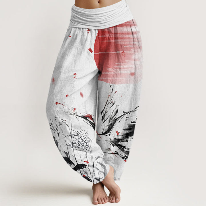 Buddha Stones Lässige Haremshose mit Mandschurengras-Sonnenkranich-Muster für Damen mit elastischer Taille - GhostWhite - US22， UK/AU26，EU54 (6XL) - image 1