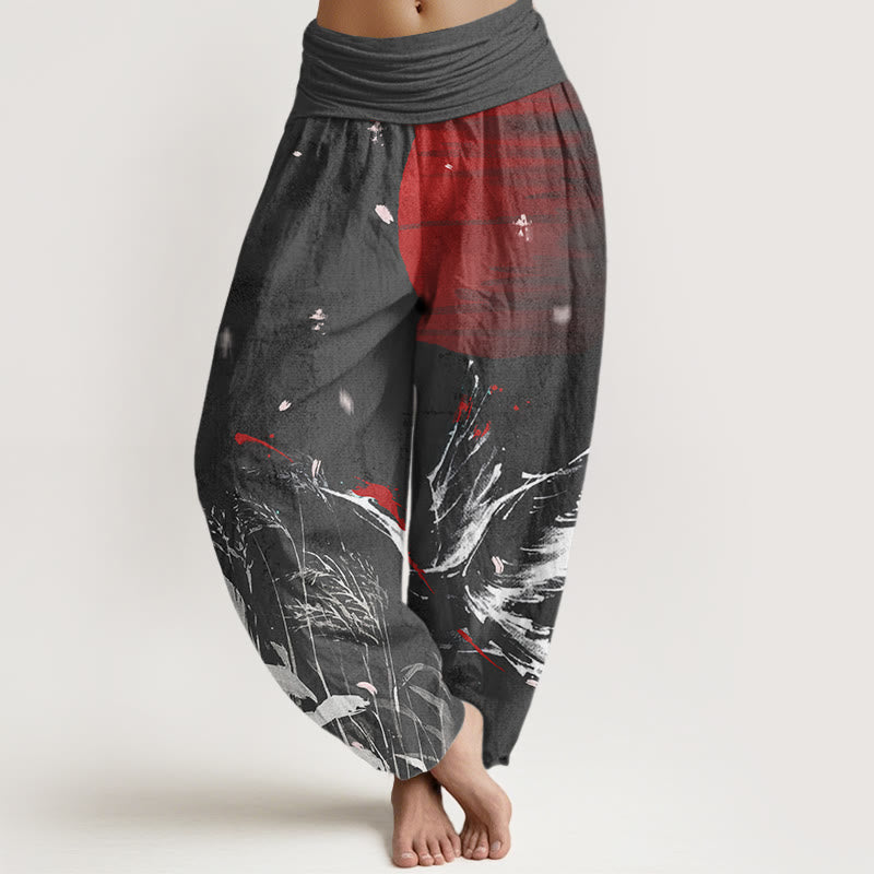 Buddha Stones Lässige Haremshose mit Mandschurengras-Sonnenkranich-Muster für Damen mit elastischer Taille - Schwarz - US22， UK/AU26，EU54 (6XL) - image 5