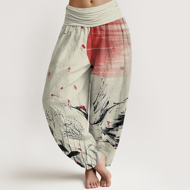 Buddha Stones Lässige Haremshose mit Mandschurengras-Sonnenkranich-Muster für Damen mit elastischer Taille - Blasse Goldrute - US22， UK/AU26，EU54 (6XL) - image 8