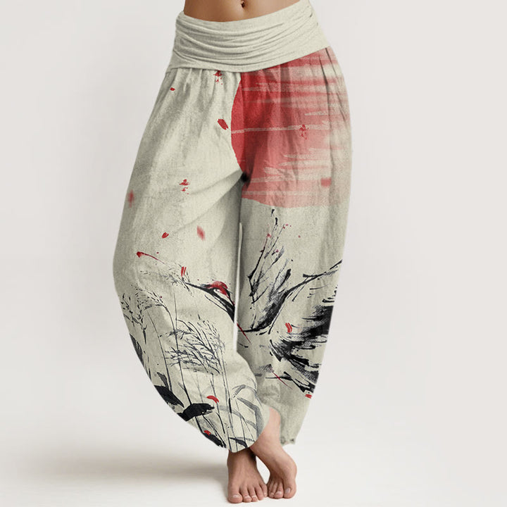 Buddha Stones Lässige Haremshose mit Mandschurengras-Sonnenkranich-Muster für Damen mit elastischer Taille - Blasse Goldrute - US22， UK/AU26，EU54 (6XL) - image 8