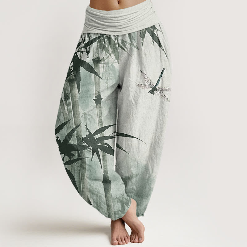 Buddha Stones Lässige Haremshose mit Bambusblättern und Libellenmuster für Damen, elastische Taille - Hellgrün - US22， UK/AU26，EU54 (6XL) - image 1