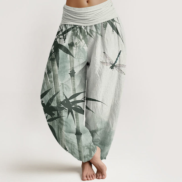 Buddha Stones Lässige Haremshose mit Bambusblättern und Libellenmuster für Damen, elastische Taille - Hellgrün - US22， UK/AU26，EU54 (6XL) - image 1