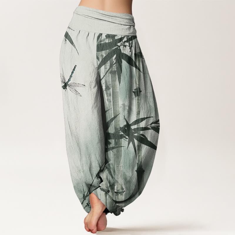 Buddha Stones Lässige Haremshose mit Bambusblättern und Libellenmuster für Damen, elastische Taille - image 2