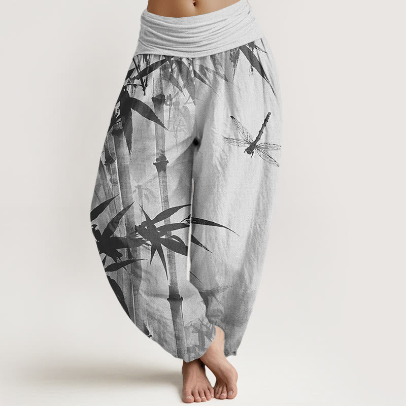 Buddha Stones Lässige Haremshose mit Bambusblättern und Libellenmuster für Damen, elastische Taille - Silber - US22， UK/AU26，EU54 (6XL) - image 5