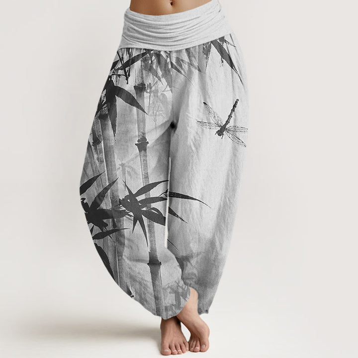 Buddha Stones Lässige Haremshose mit Bambusblättern und Libellenmuster für Damen, elastische Taille - Silber - US22， UK/AU26，EU54 (6XL) - image 5