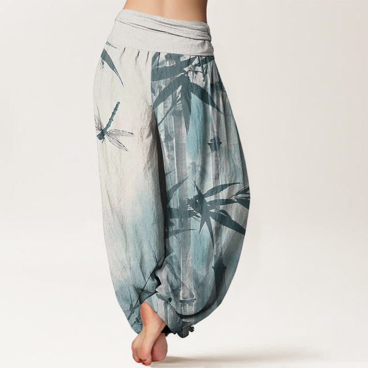 Buddha Stones Lässige Haremshose mit Bambusblättern und Libellenmuster für Damen, elastische Taille - image 9