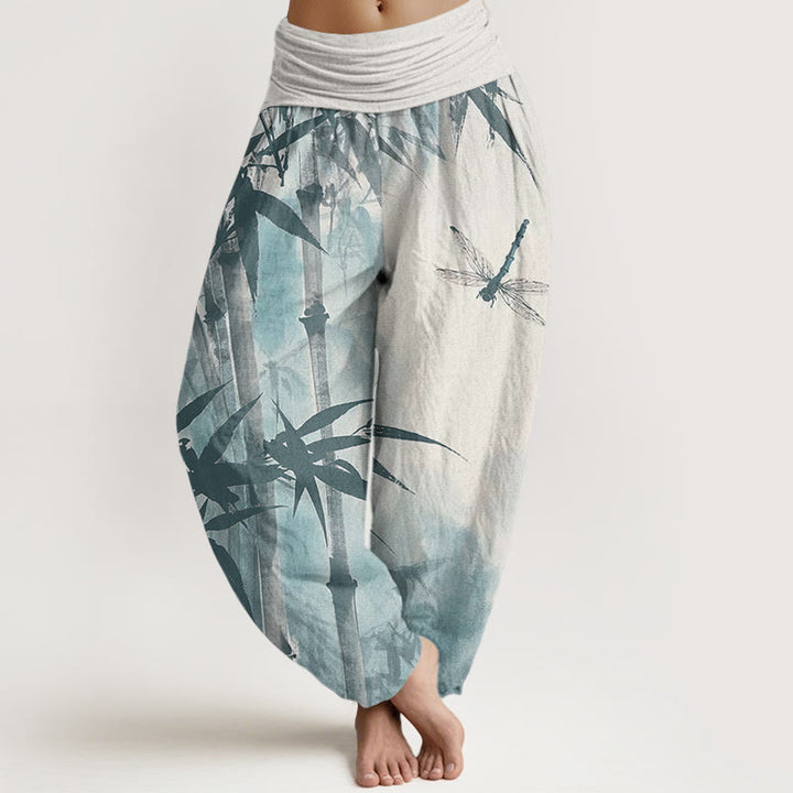 Lässige Haremshose aus Baumwolle mit Buddha Stones , Bambusblättern und Libellenmuster, elastischem Bund für Damen - Leinen - US22, UK/AU26, EU54 (6XL) - image 7