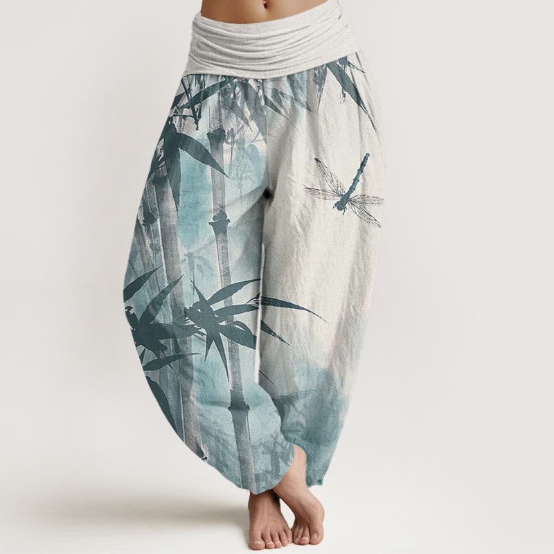 Buddha Stones Lässige Haremshose mit Bambusblättern und Libellenmuster für Damen, elastische Taille - Leinen - US22， UK/AU26，EU54 (6XL) - image 8