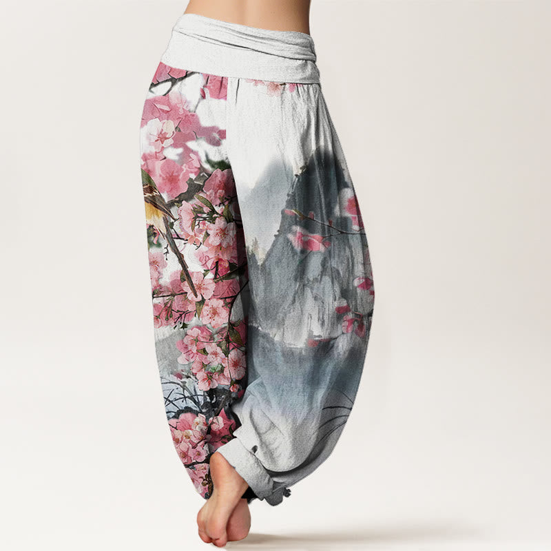 Buddha Stones, Vogel, Kirschblüten, Berge, Muster, Damen-Haremshose mit elastischer Taille - image 2
