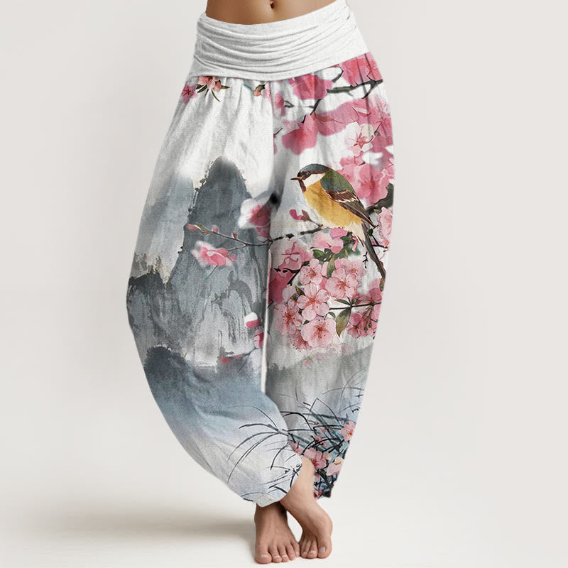 Buddha Stones, Vogel, Kirschblüten, Berge, Muster, Damen-Haremshose mit elastischer Taille - Grau - US22， UK/AU26，EU54 (6XL) - image 1