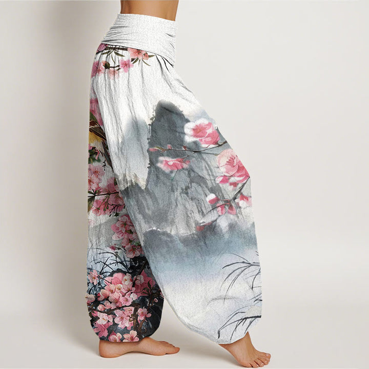 Buddha Stones, Vogel, Kirschblüten, Berge, Muster, Damen-Haremshose mit elastischer Taille - image 3