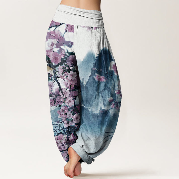 Buddha Stones, Vogel, Kirschblüten, Berge, Muster, Damen-Haremshose mit elastischer Taille - image 6