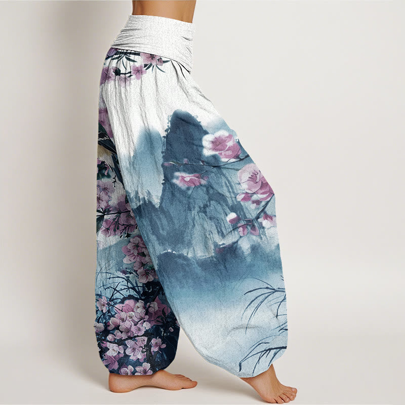 Buddha Stones, Vogel, Kirschblüten, Berge, Muster, Damen-Haremshose mit elastischer Taille - image 7