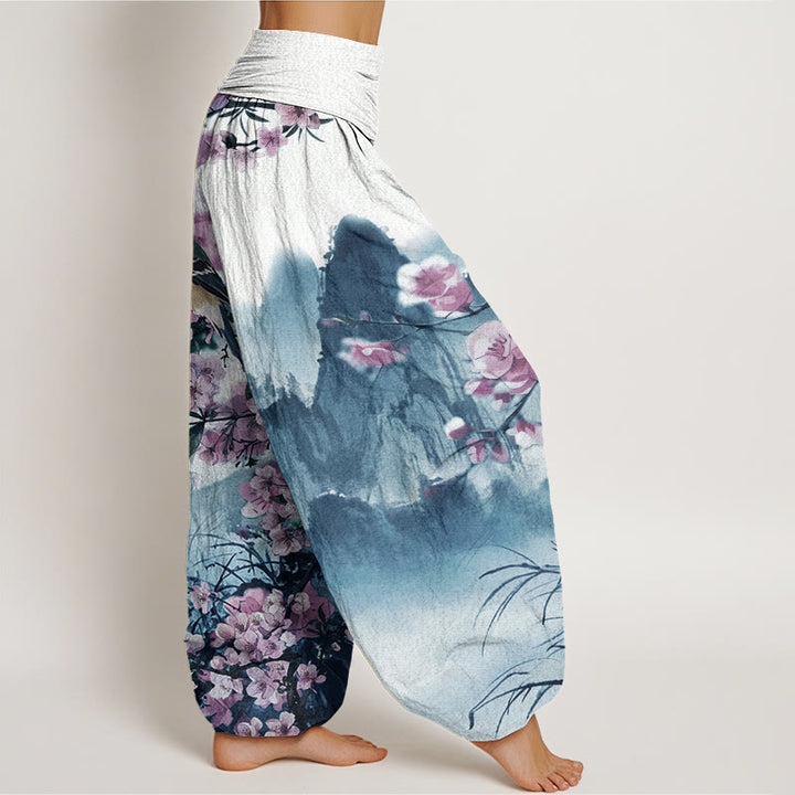 Buddha Stones, Vogel, Kirschblüten, Berge, Muster, Damen-Haremshose mit elastischer Taille - image 7