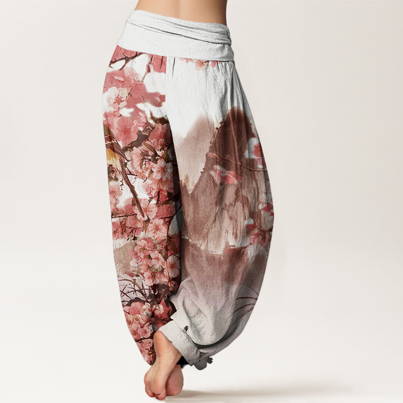 Buddha Stones, Vogel, Kirschblüten, Berge, Muster, Damen-Haremshose mit elastischer Taille - image 9