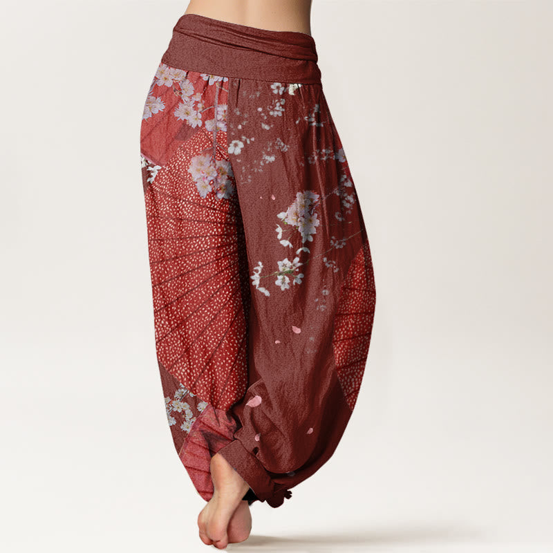 Buddha Stones Lässige Haremshose mit rotem Ölpapier-Regenschirm und Kirschblütenmuster für Damen mit elastischer Taille - image 2