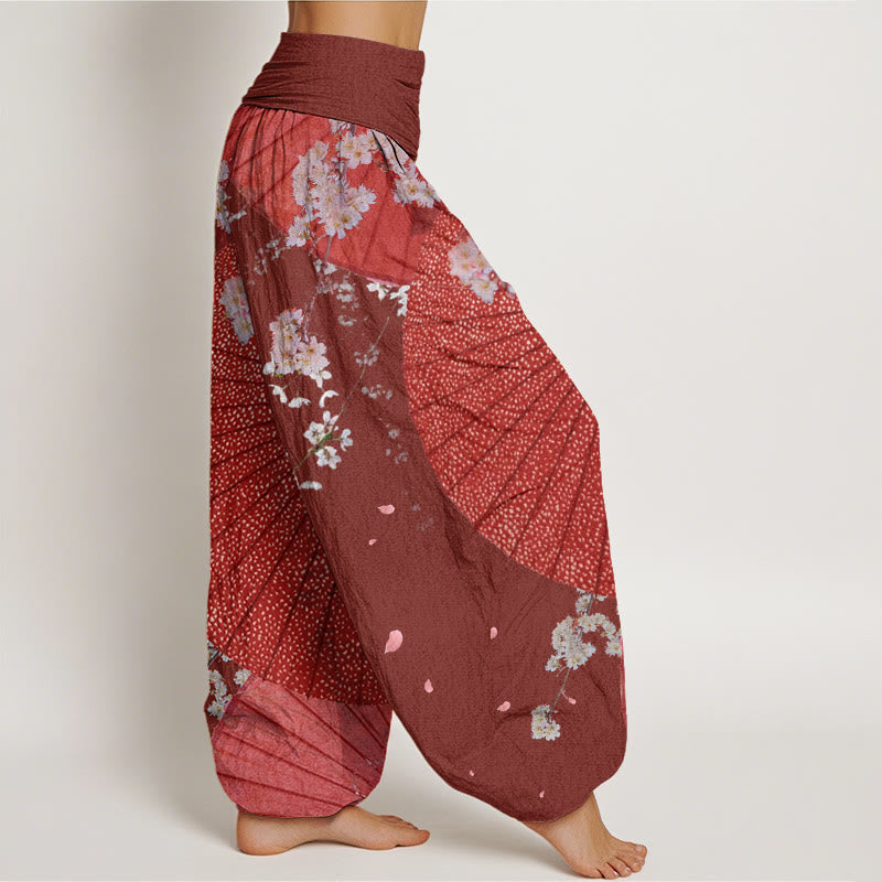 Buddha Stones Lässige Haremshose mit rotem Ölpapier-Regenschirm und Kirschblütenmuster für Damen mit elastischer Taille - image 3
