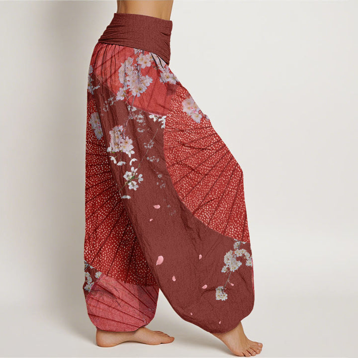 Buddha Stones Lässige Haremshose mit rotem Ölpapier-Regenschirm und Kirschblütenmuster für Damen mit elastischer Taille - image 3