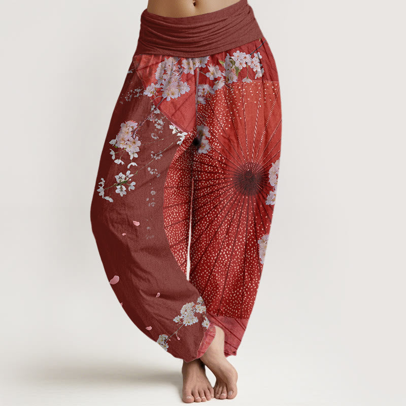 Buddha Stones Lässige Haremshose mit rotem Ölpapier-Regenschirm und Kirschblütenmuster für Damen mit elastischer Taille - Braun - US22， UK/AU26，EU54 (6XL) - image 1
