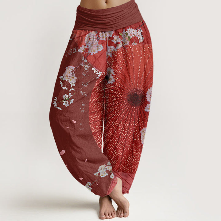 Buddha Stones Lässige Haremshose mit rotem Ölpapier-Regenschirm und Kirschblütenmuster für Damen mit elastischer Taille - Braun - US22， UK/AU26，EU54 (6XL) - image 1