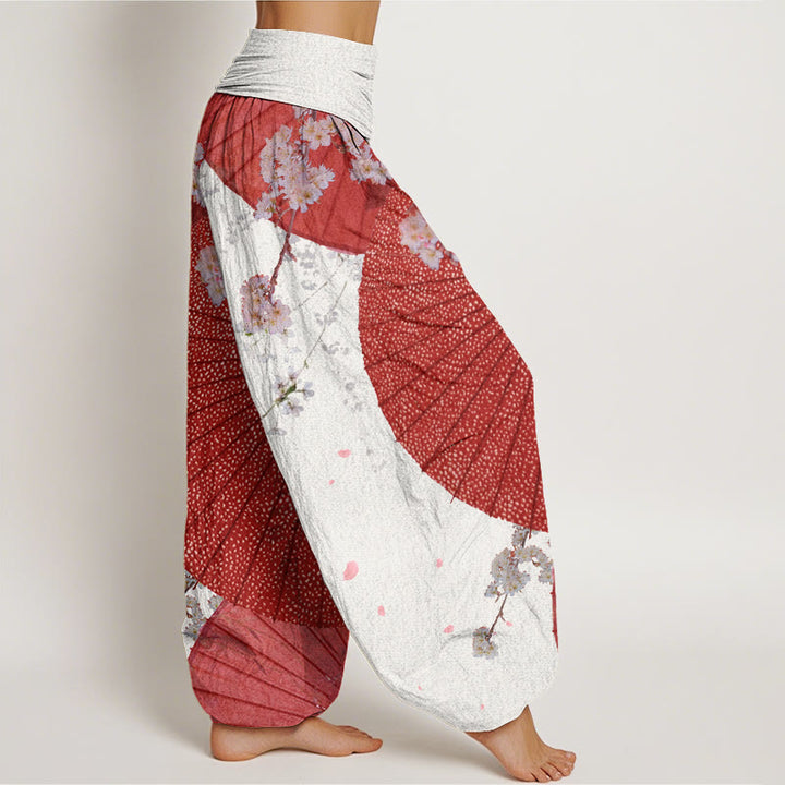 Buddha Stones Lässige Haremshose mit rotem Ölpapier-Regenschirm und Kirschblütenmuster für Damen mit elastischer Taille - image 7