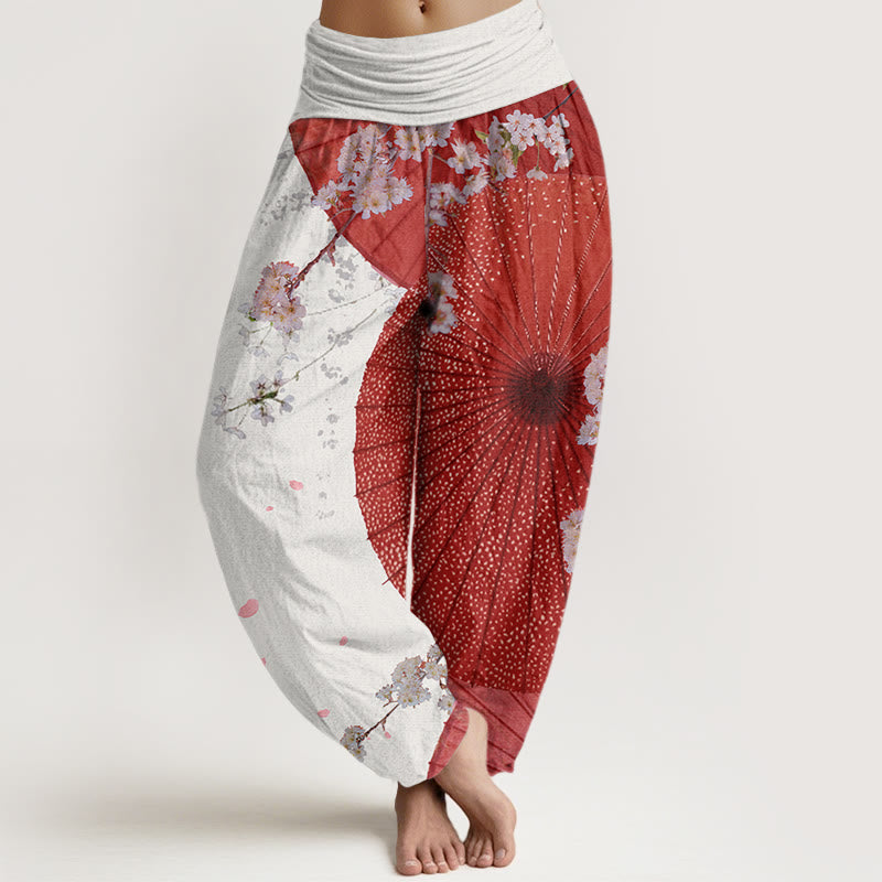 Buddha Stones Lässige Haremshose mit rotem Ölpapier-Regenschirm und Kirschblütenmuster für Damen mit elastischer Taille - GhostWhite - US22， UK/AU26，EU54 (6XL) - image 5