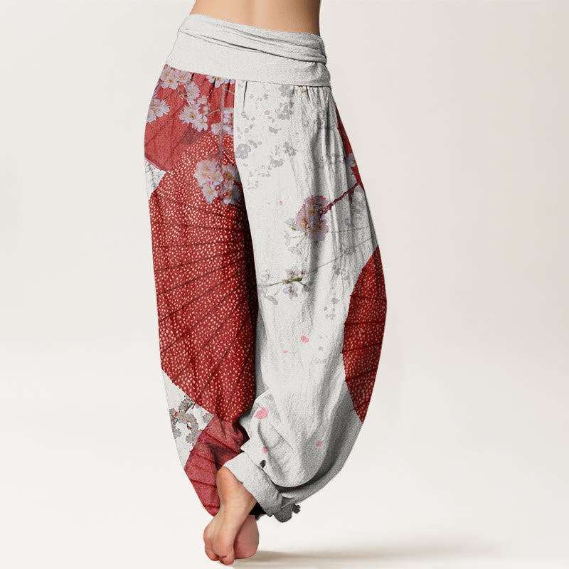 Buddha Stones Lässige Haremshose mit rotem Ölpapier-Regenschirm und Kirschblütenmuster für Damen mit elastischer Taille - image 6