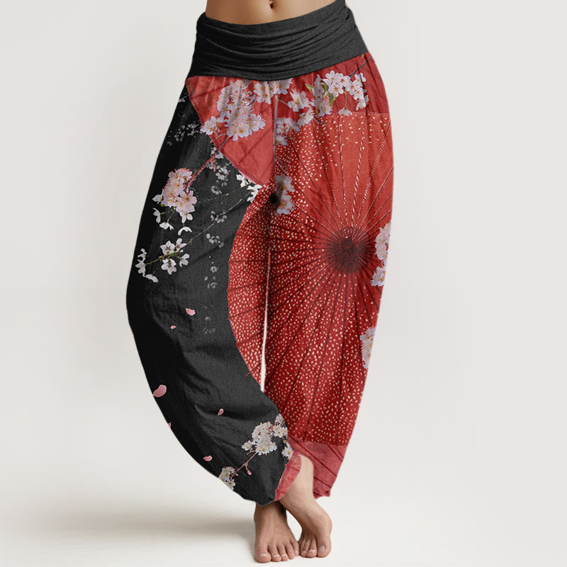 Buddha Stones Lässige Haremshose mit rotem Ölpapier-Regenschirm und Kirschblütenmuster für Damen mit elastischer Taille - Schwarz - US22， UK/AU26，EU54 (6XL) - image 8
