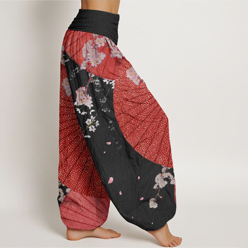 Buddha Stones Lässige Haremshose mit rotem Ölpapier-Regenschirm und Kirschblütenmuster für Damen mit elastischer Taille - image 10