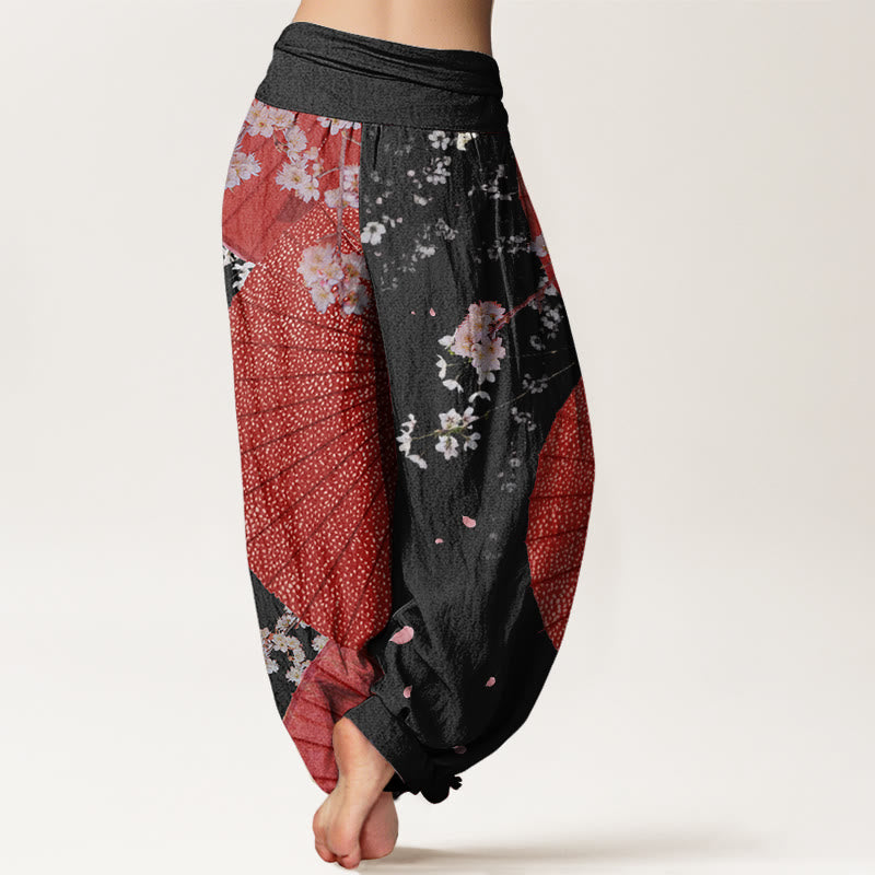 Buddha Stones Lässige Haremshose mit rotem Ölpapier-Regenschirm und Kirschblütenmuster für Damen mit elastischer Taille - image 9