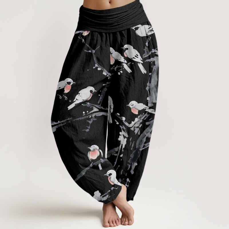 Lässige Haremshose mit Buddha Stones und Vogelzweig-Muster für Damen, elastische Taille - Schwarz - US22， UK/AU26，EU54 (6XL) - image 1