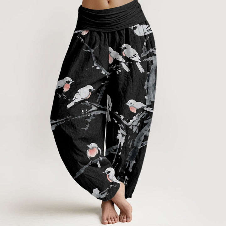 Lässige Haremshose mit Buddha Stones und Vogelzweig-Muster für Damen, elastische Taille - Schwarz - US22， UK/AU26，EU54 (6XL) - image 1