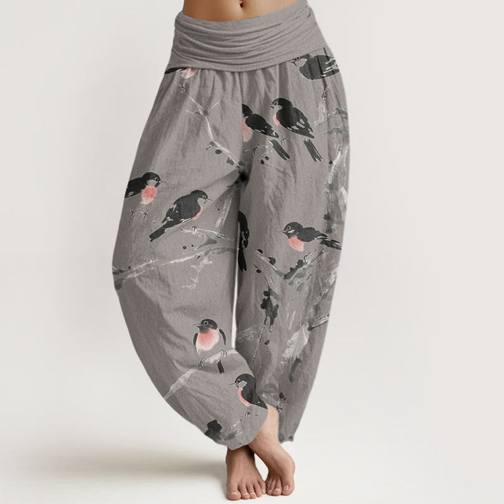 Lässige Haremshose mit Buddha Stones und Vogelzweig-Muster für Damen, elastische Taille - Dunkelgrau - US22， UK/AU26，EU54 (6XL) - image 5