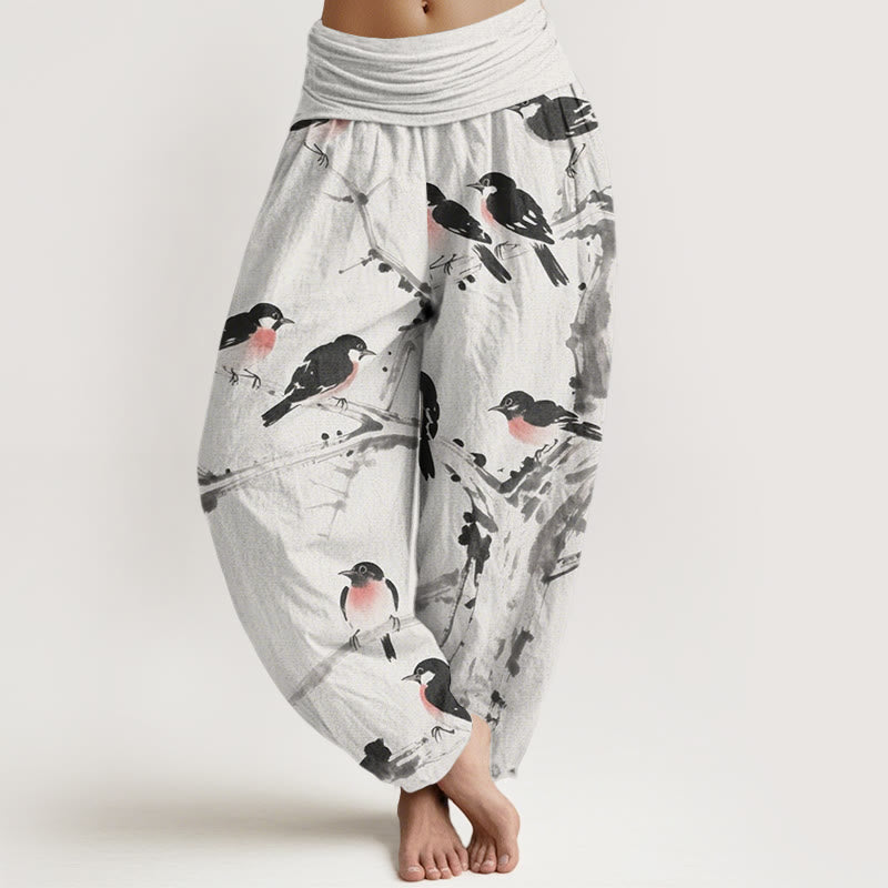 Lässige Haremshose mit Buddha Stones und Vogelzweig-Muster für Damen, elastische Taille - GhostWhite - US22， UK/AU26，EU54 (6XL) - image 8