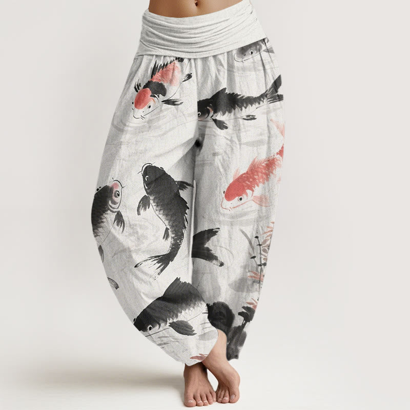 Buddha Stones Lässige Haremshose mit Koi-Fisch-Muster für Damen, elastische Taille - GhostWhite - US22， UK/AU26，EU54 (6XL) - image 1