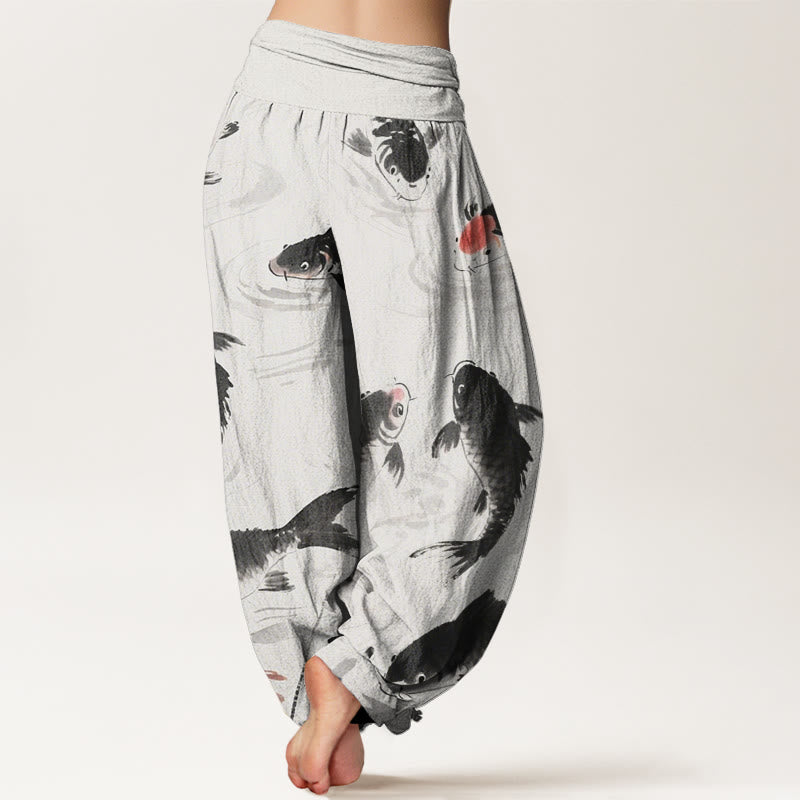 Buddha Stones Lässige Haremshose mit Koi-Fisch-Muster für Damen, elastische Taille - image 2