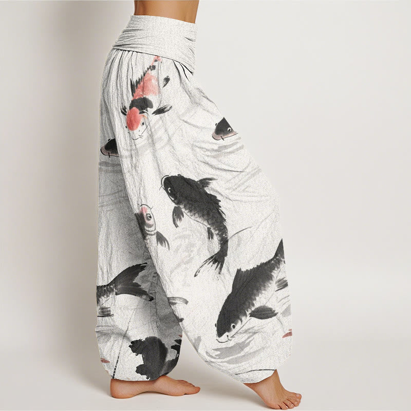 Buddha Stones Lässige Haremshose mit Koi-Fisch-Muster für Damen, elastische Taille - image 3