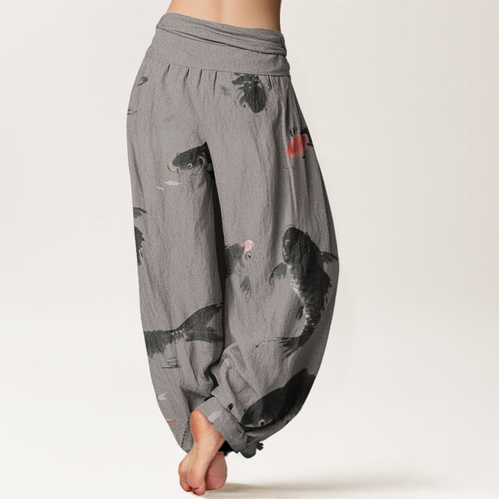 Buddha Stones Lässige Haremshose mit Koi-Fisch-Muster für Damen, elastische Taille - image 6