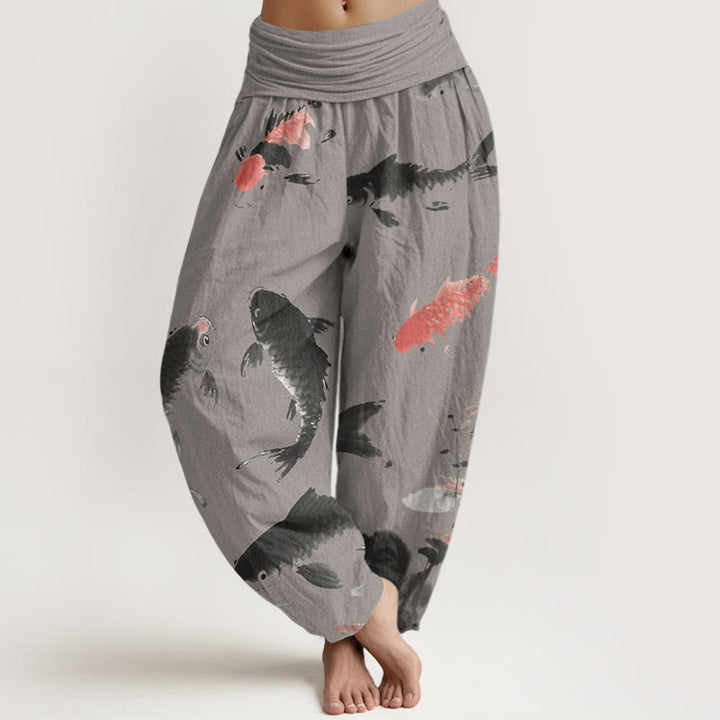 Buddha Stones Lässige Haremshose mit Koi-Fisch-Muster für Damen, elastische Taille - Dunkelgrau - US22， UK/AU26，EU54 (6XL) - image 5