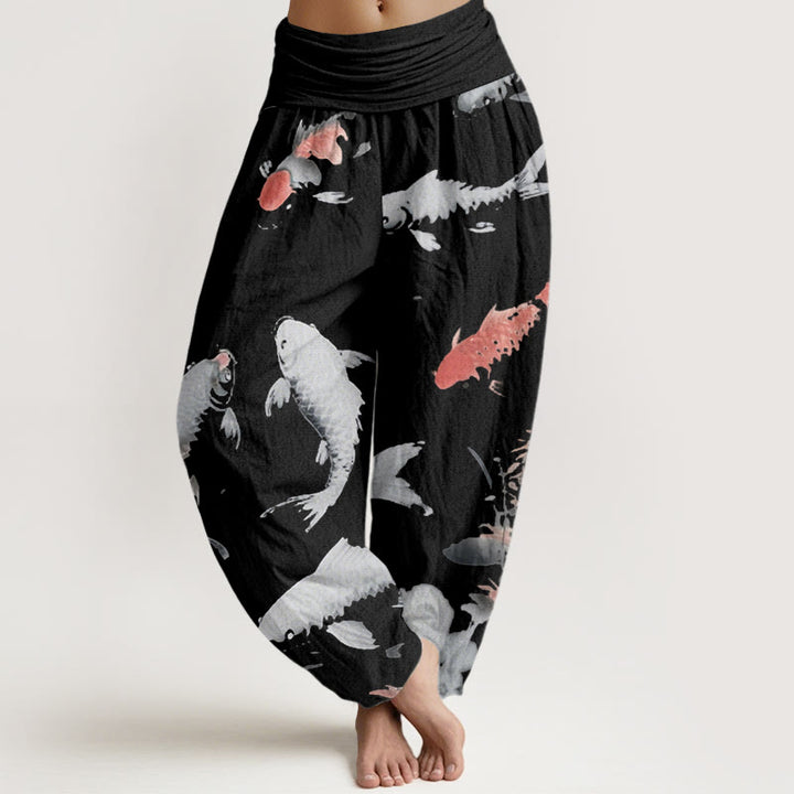 Buddha Stones Lässige Haremshose mit Koi-Fisch-Muster für Damen, elastische Taille - Schwarz - US22， UK/AU26，EU54 (6XL) - image 8
