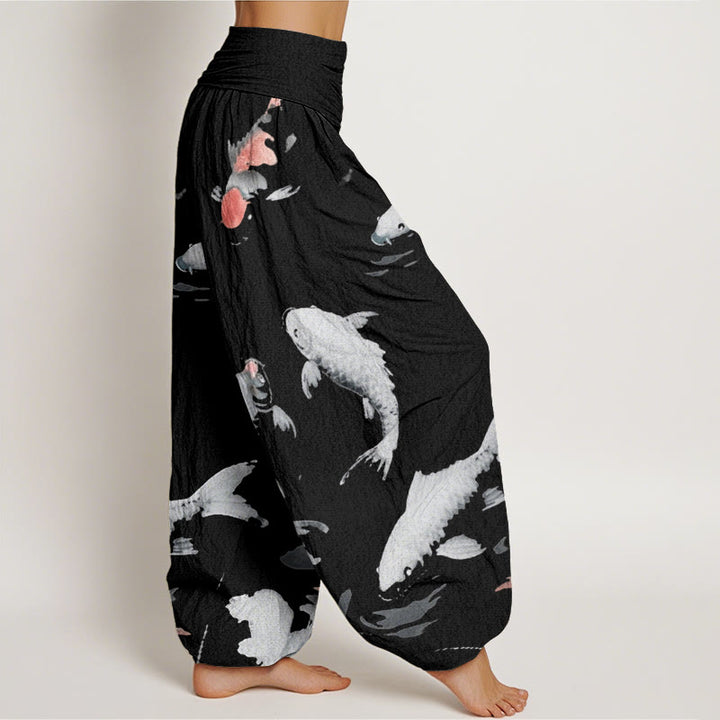 Buddha Stones Lässige Haremshose mit Koi-Fisch-Muster für Damen, elastische Taille - image 10