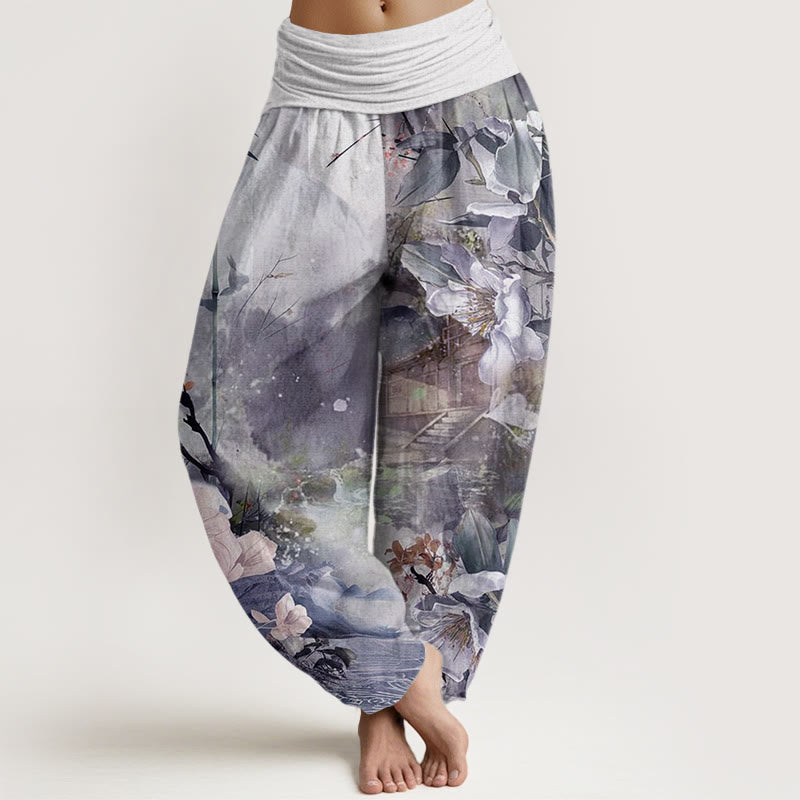 Buddha Stones Bambusbaum-Pavillon Blumenmuster Damen Haremshose mit elastischer Taille - DunkelSchieferblau - US22， UK/AU26，EU54 (6XL) - image 8